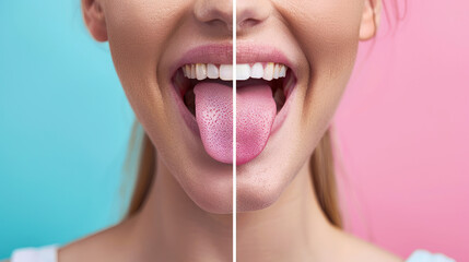 Woman showing her tongue before and after cleaning it. On one side, her tongue is covered with a white layer, and on the other side, it's pink and healthy.