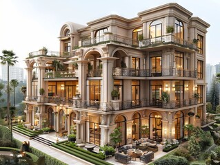 Naklejka premium A beautiful mansion with balconies and palm trees.