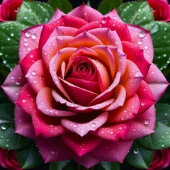vibrant multi-colored rose in full bloom with dewdrops on petals. concepts: floral mandala, mother's day, birthday, Valentin's day, florist marketing materials, garden center. wallpaper, greeting card
