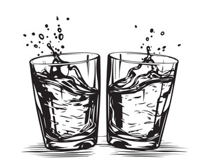 Clinking glasses together with whiskey .Hand drawn style.