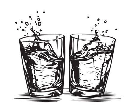 Clinking glasses together with whiskey .Hand drawn style.