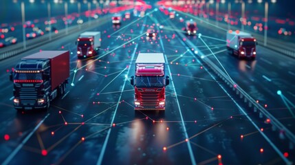 Conceptual image of trucks on a smart global network illustrating fleet management and logistics