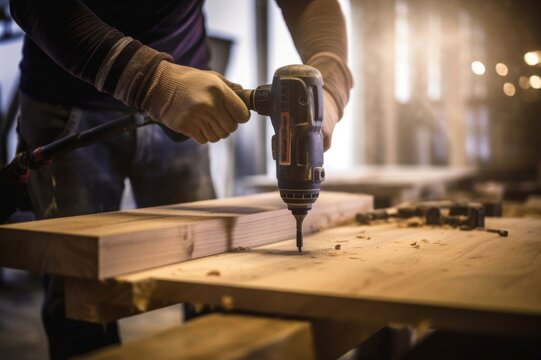 Close up of a worker using drill while making furniture at carpentry workshop. Close up of unrecognizable carpenter using drill while working on furniture in a workshop