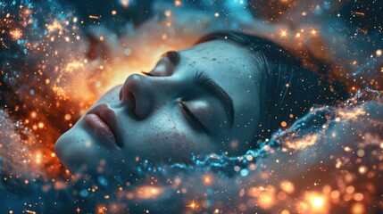 The close up picture of the caucasian female human that laying down for sleeping on the sea of the galaxy space that act like pillow that look fluffy and soft at the bright sky of a universe. AIGX03.