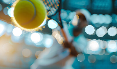 Tennis player plays tennis. A close-up of a tennis ball and a blurred player in the background. Playing tennis on a tennis court.