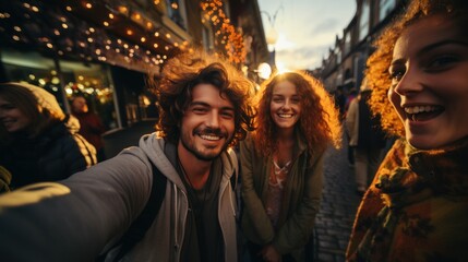 Obraz premium Best Friends Taking a Selfie Outdoors with Festive Lights in Background