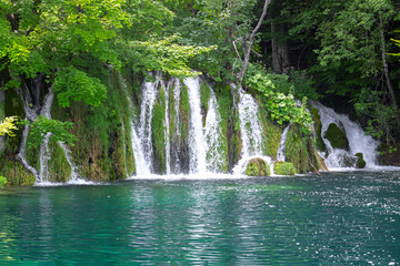 Waterfalls in the park, Beautiful summer landscape near the lake and waterfalls, Plitvice Lakes, Croatia