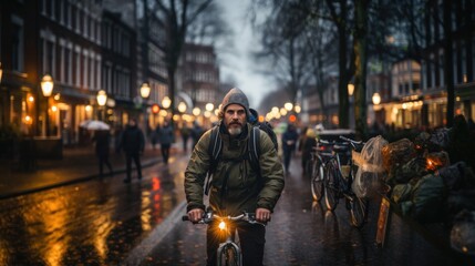 Obraz premium Cyclist Navigating Through a Rainy Amsterdam Street at Dusk with Illuminated Streetlights