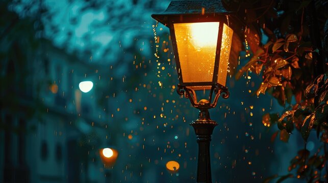 The street lamp illuminated the rainy night
