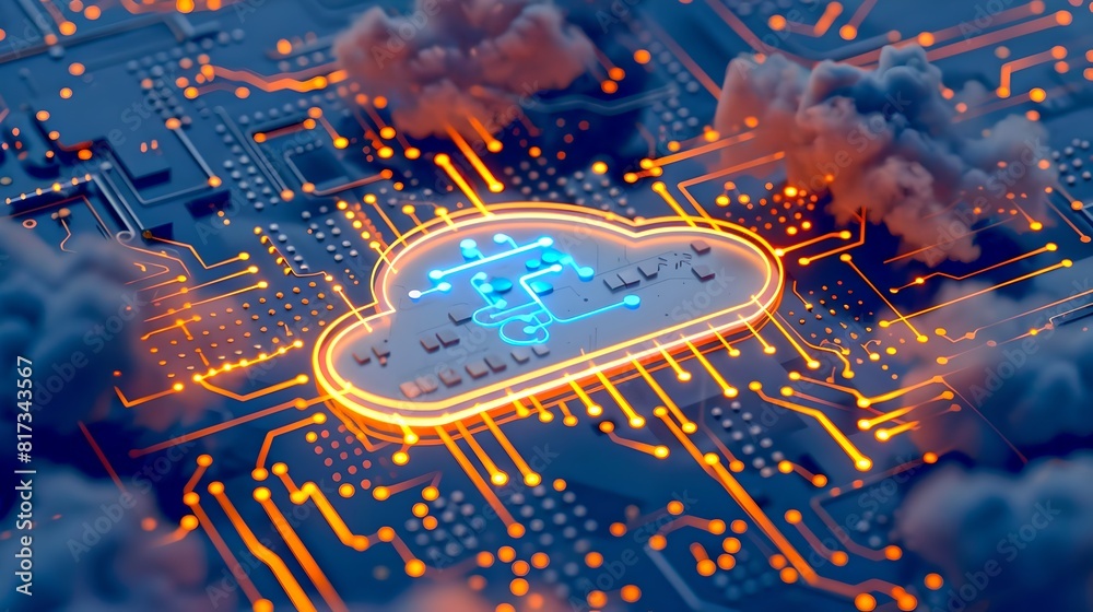 Poster futuristic cloud computing concept on circuit board, data processing and digital information flow. t