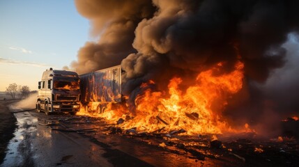 Fototapeta premium Dramatic Collision Between a Car and a Truck Engulfed in Flames and Thick Smoke