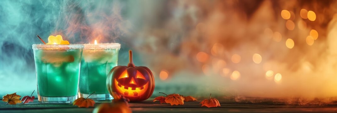 Spooky Halloween-themed drinks and carved pumpkin with bokeh lights