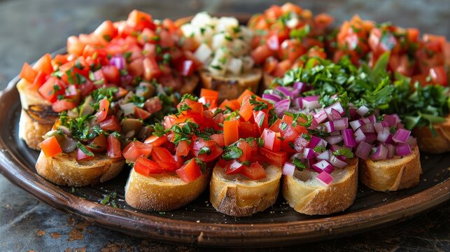 tasty bruschetta options, a platter of delicious bruschetta with a variety of toppings, great for a casual get-together or party