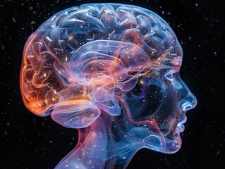 Transparent Human Brain on Black Background: Naked Mind, Mental Health Concept, science