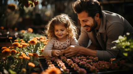 Father and Daughter Planting Flowers Together in a Bright Garden Setting