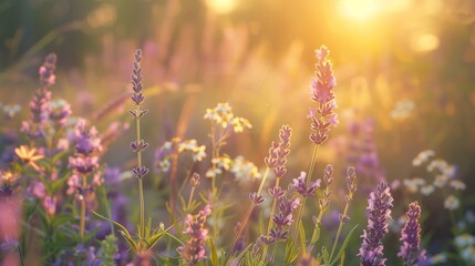 Lavender field at sunset, a romantic and peaceful nature background