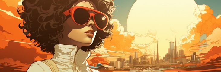 Retro-Futuristic Cityscape Poster with Stylish Woman
