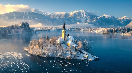Obraz premium Breathtaking winter landscape of a serene lake with fog. Picturesque church on an island among snow-capped mountains. Idyllic nature scene, AI