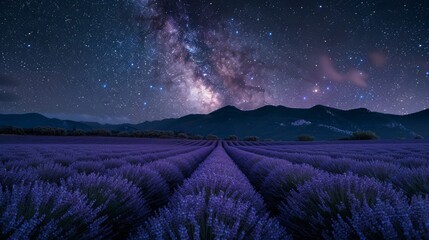 Lavender field under a starry sky at night