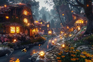 Psychedelic Ecovillage: Isometric Cinematic Scene with Bee, Cow, Fish in Lush Nature