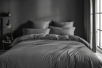 A black and white photo of a bed with grey bedding.