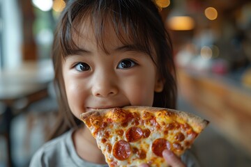 Little Asian girl eating pizza in a cafe, close-up.