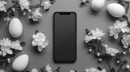 A black cell phone is sitting on a table with a bunch of white flowers