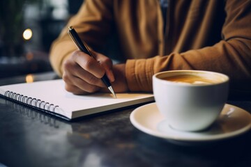 Close Up Photo of Man Hands Writing Notes in a Notebook at Coffee Shop Table