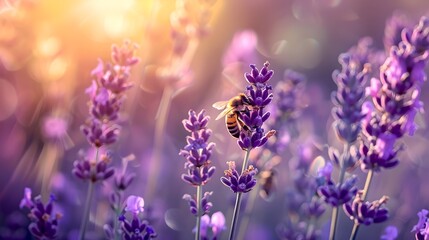 Fototapeta premium Honeybee on Lavender Flowers Bathed in Golden Light. Nature's Beauty Captured. Perfect for Calm and Serene Themes. AI