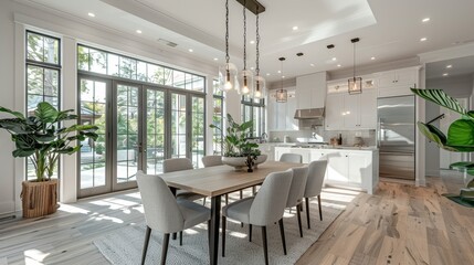 modern kitchen decor, a modern, inviting kitchen featuring a white dining table paired with grey chairs, perfect for family gatherings in a bright setting