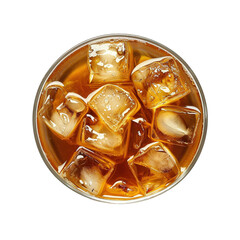 Cola in glass with ice isolated on white background from top view.
