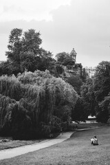 View of the hills of the Parc des Buttes Chaumont in Paris, France 