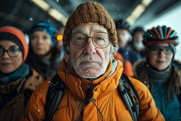 Fototapeta premium Resplendent Elderly Gent in Glasses and Cycling Gear Surrounded by Stylish Companions Digital Portrait