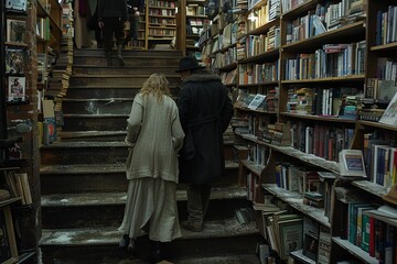 Naklejka premium Comedian and Woman on Stairs: Whimsical Encounter in the Bookstore