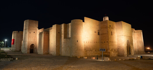 Beautiful view of ancient Ribat fortress in evening. Tunisia, Monastir, Africa. Mediterranean Sea