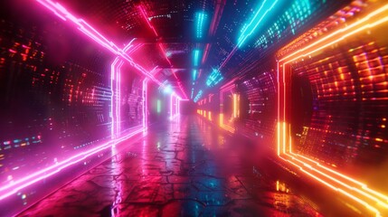 Fototapeta na wymiar Neon Tunnel Background For Futuristic Designs