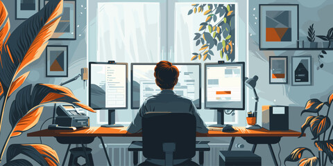 Vector illustration of a professional working at a three-monitor setup in a modern home office with lush plants and stylish decor, perfect for themes of productivity and remote work