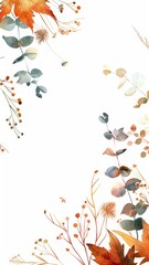 A watercolor background with autumn leaves and grass on the sides. Blank space for a text. Template for an invitation card, season greeting etc. 