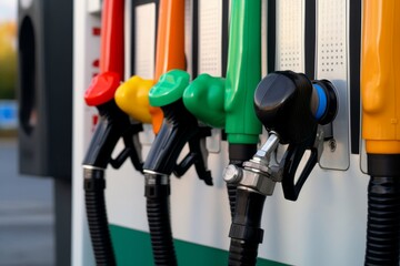 Colorful petrol and diesel nozzles of the dispenser machine at the gas fuel station Colorful petrol and diesel nozzles of the dispenser machine at the gas fuel station
