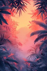 Tropical Jungle Palm Tree Forest Sunrise Sunset Pattern Scenic Landscape Minimalist Wallpaper, Nature Art Background, Illustrated Travel Tourism Backdrop