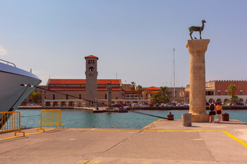 Mandraki Harbor with Deer Statue in Rhodes, Greece