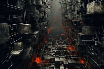 The image shows a dark and mysterious corridor with red lights glowing in the distance.