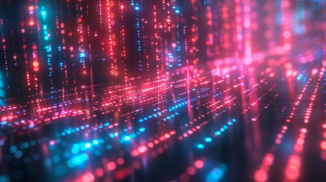 Magazine style visualization of binary code streaming across a futuristic interface