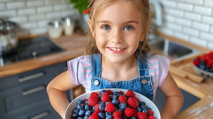 Cute little preschool girl eating fresh raspberries and blueberries. Happy child tasting raspberry...