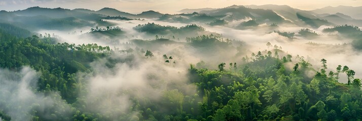 Aerial view landscape of Misty foggy mountain hills and forest, Beautiful fresh green natural...