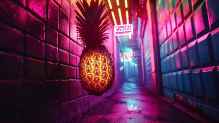 Pineapple in a neon city street for futuristic or tropical themed designs