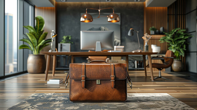 professional work concept in a modern office: desk with briefcase and laptop, showcasing contemporary workspace vibes