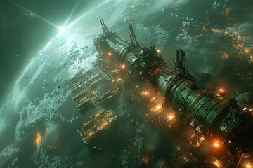 Futuristic Ocean Planet Docks: Volumetric Glow in Lush Colors