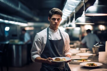 cook serving food on a plate in the kitchen of a restaurant