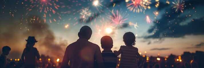 Silhouettes of a family watching a dazzling fireworks show in the night sky, creating a festive atmosphere